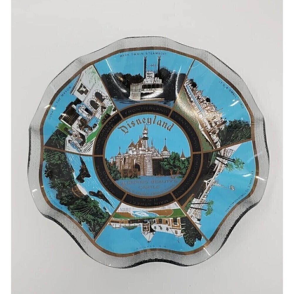 VINTAGE DISNEYLAND GLASS SCALLOP EDGE DISH TRAY WITH BOX HOVER ART